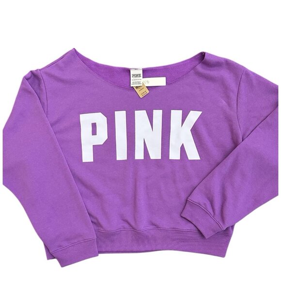 NWT Victoria Secret Pink Fleece Cropped Sweatshirt XL Neon Purple Classic Logo - Picture 1 of 6